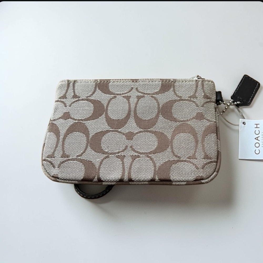 Coach Beige/Tan Signature Canvas Wristlet with Black Strap - Picture 2 of 2